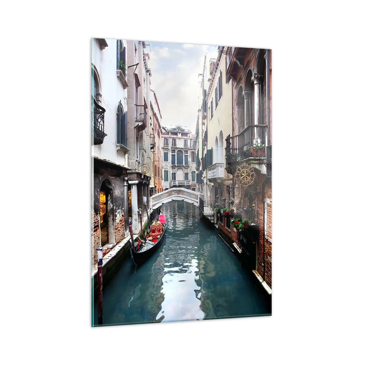 Obraz na skle - Benátská krajina s gondolou a můstkem - 50x70 cm