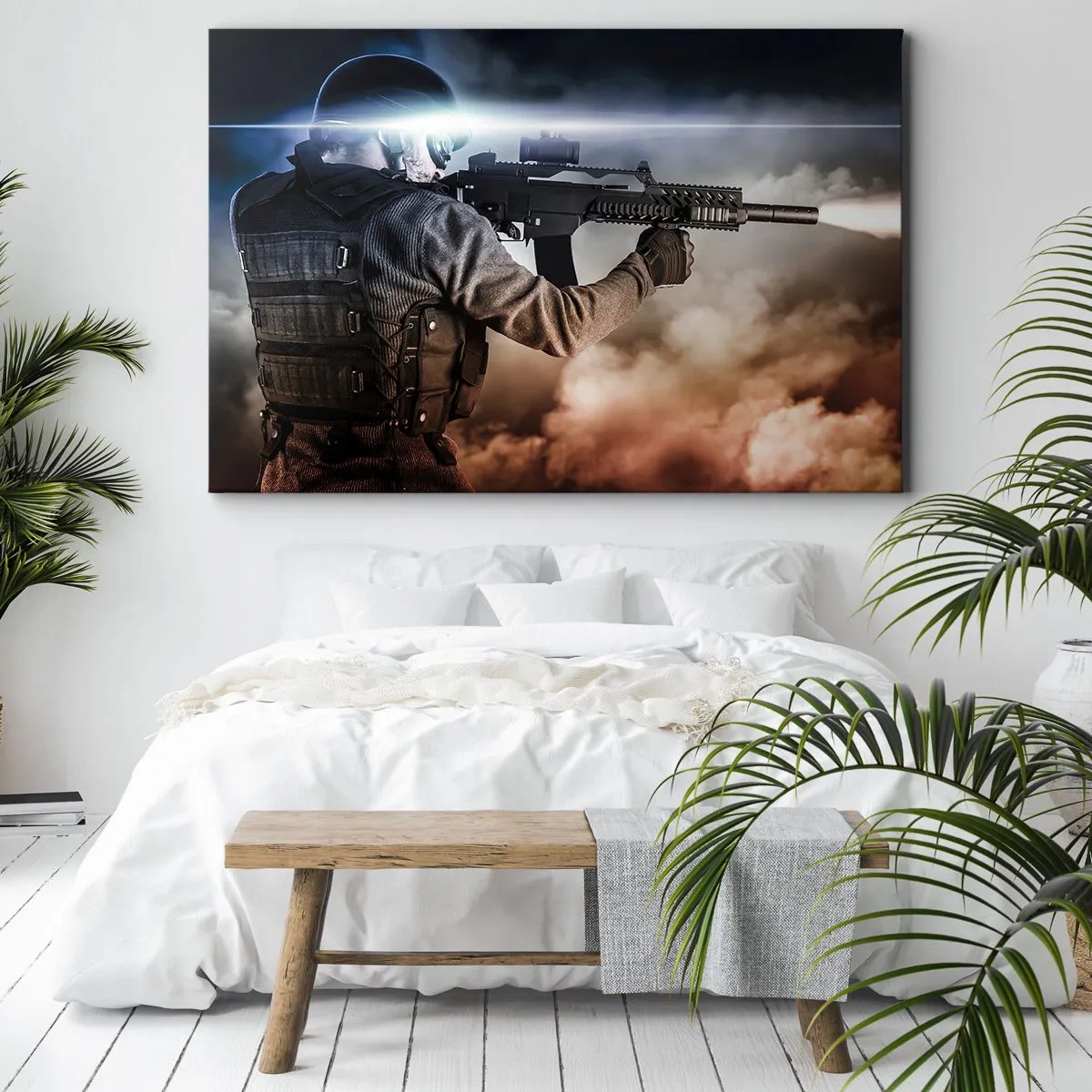Obraz na plátně - Voják v akci s puškou na pozadí mraků a světla. - 70x50cm - Prostě hrdina - Moderní nástěnná dekorace do obývacího pokoje a ložnice ARTTOR