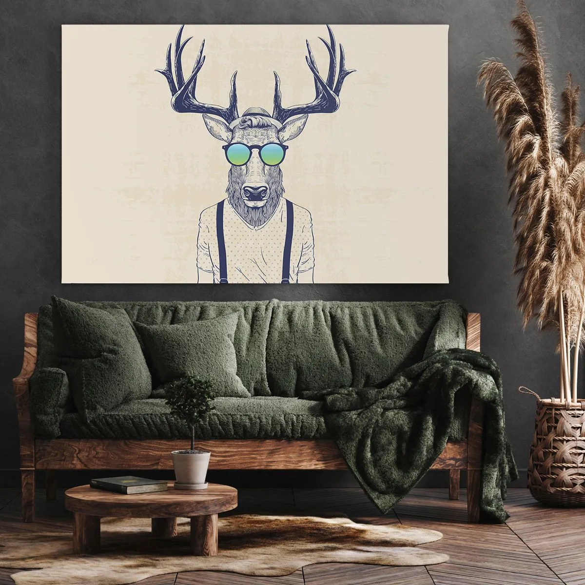 Obraz na plátně - Stylizovaný jelen ve slunečních brýlích - 70x50cm - A koho jsi čekal? - Moderní nástěnná dekorace do obývacího pokoje a ložnice ARTTOR