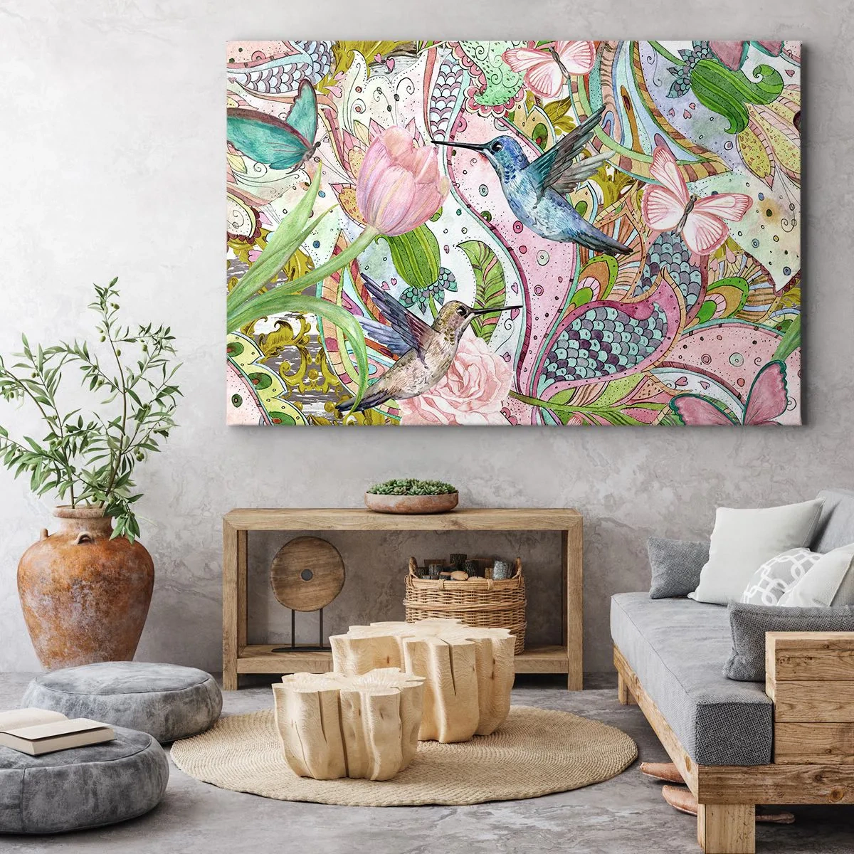 Obraz na plátně - Barevní kolibříci a motýli mezi rostlinami - 70x50cm - Zamotané do lián - Moderní nástěnná dekorace do obývacího pokoje a ložnice ARTTOR