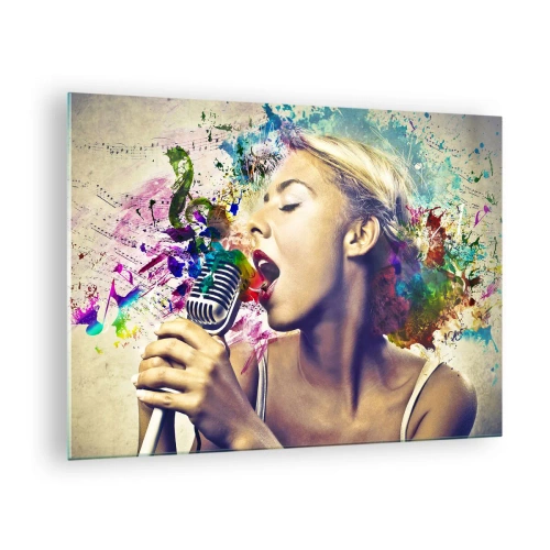 Obraz na skle - Barevná kompozice ženy zpívající do mikrofonu. - 70x50cm - Pomalovat hlasem svět - Moderní nástěnná dekorace do obývacího pokoje a ložnice ARTTOR