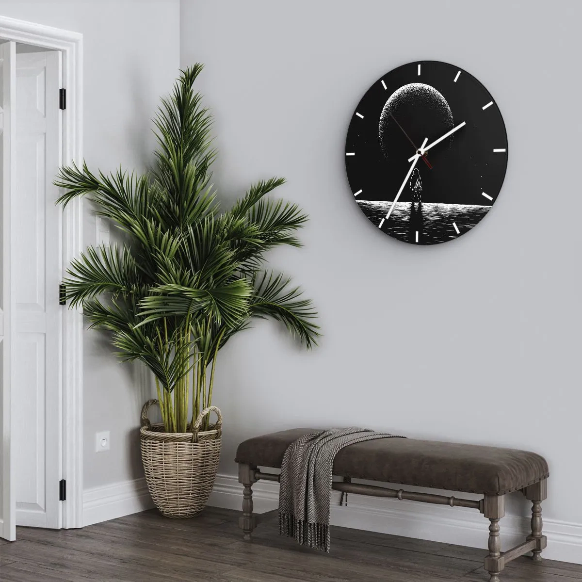 Nástěnné hodiny - Silueta astronauta před velkou planetou ve vesmíru - 30x30cm - Tváři v tvář - Moderní nástěnná dekorace do obývacího pokoje, kuchyně a ložnice ARTTOR