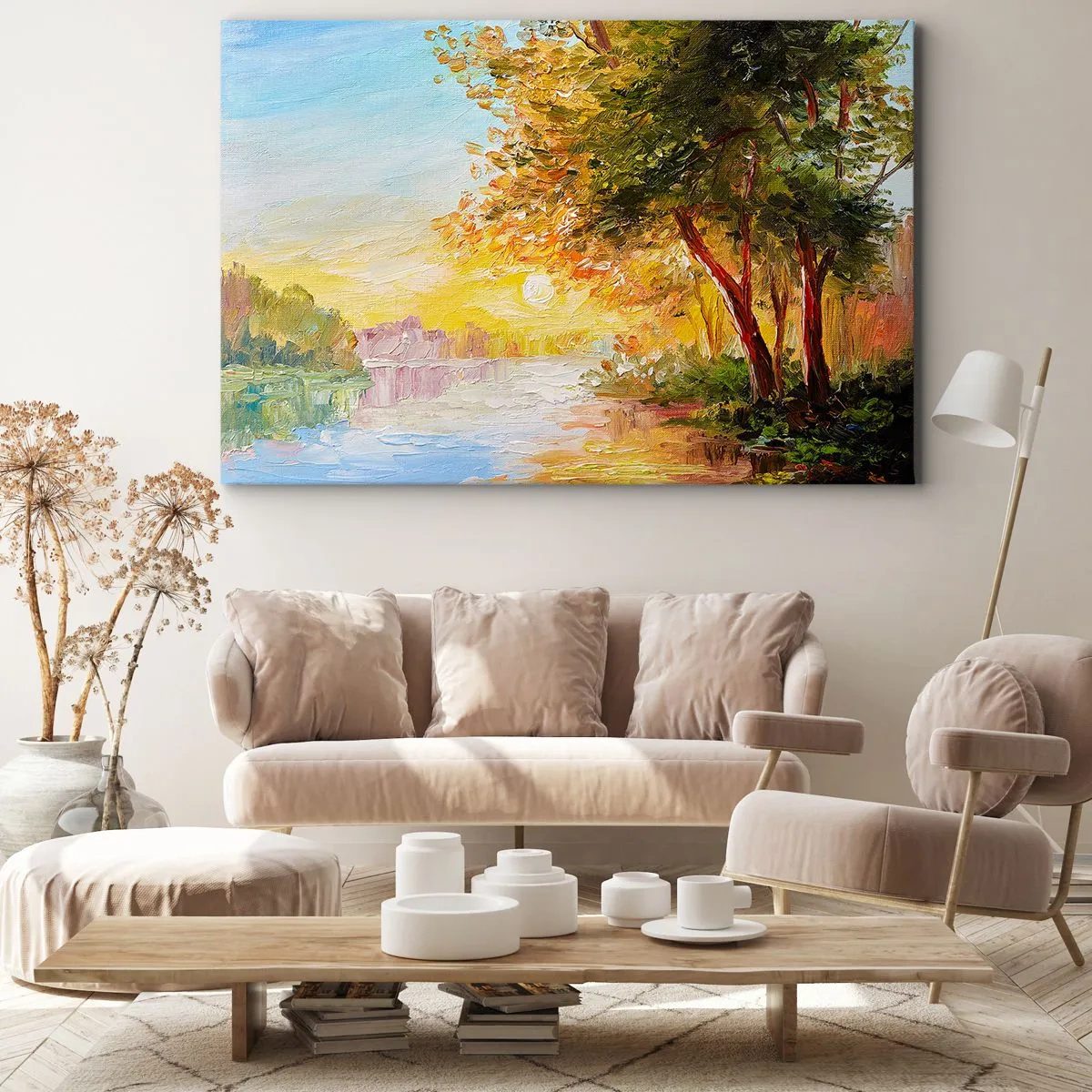 Obraz na plátně - Malebná krajina s řekou a stromy při západu slunce - 70x50cm - Et in Arcadia ego - Moderní nástěnná dekorace do obývacího pokoje a ložnice ARTTOR