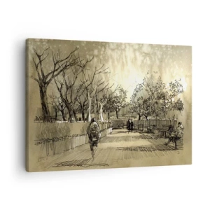 Obraz na plátně - Kreslená scéna z parku s lidmi, kteří jdou, v teplých tónech. - 70x50cm - Pírkem zastavený okamžik - Moderní nástěnná dekorace do obývacího pokoje a ložnice ARTTOR