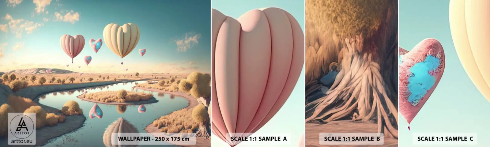 Vzor Fototapety Samolepicí Deluxe Sticker - Láska tě nechá vzlétnout - Balónky, Pastel, Bonbón - 100x30 cm