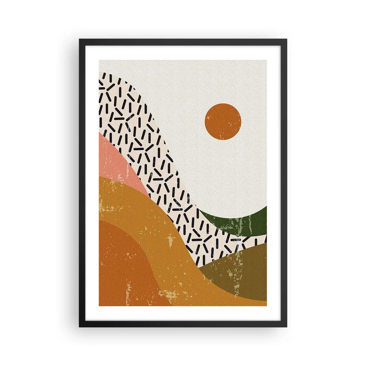 Plakát v černém rámu - Abstraktní krajina v teplých barvách - 50x70cm - Sluneční abstrakce - Moderní nástěnná dekorace do obývacího pokoje a ložnice ARTTOR