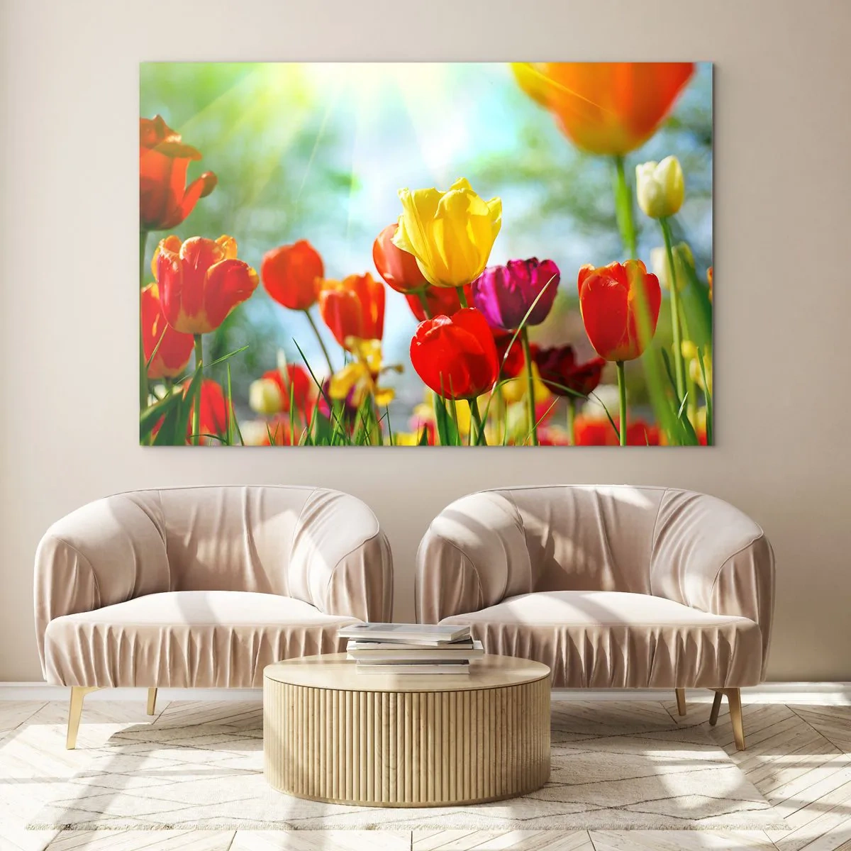 Obraz na skle - Barevné tulipány ozářené slunečními paprsky - 70x50cm - Všechny barvy slunce - Moderní nástěnná dekorace do obývacího pokoje a ložnice ARTTOR