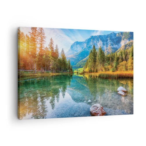 Obraz na plátně - Malebné jezero obklopené horami a lesy - 70x50cm - Něžnost podzimu - Moderní nástěnná dekorace do obývacího pokoje a ložnice ARTTOR
