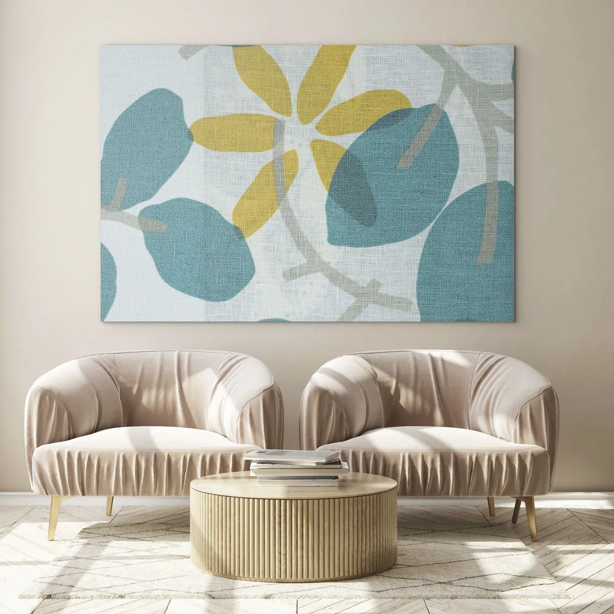Obraz na skle - Rostlinná grafika s azurovými listy a žlutými květy - 70x50cm - Mezi azurovými listy - Moderní nástěnná dekorace do obývacího pokoje a ložnice ARTTOR