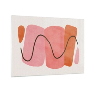 Obraz na skle - Abstraktní tvary v růžové a oranžové barvě s černou linkou - 70x50cm - Jemný pohyb forem - Moderní nástěnná dekorace do obývacího pokoje a ložnice ARTTOR