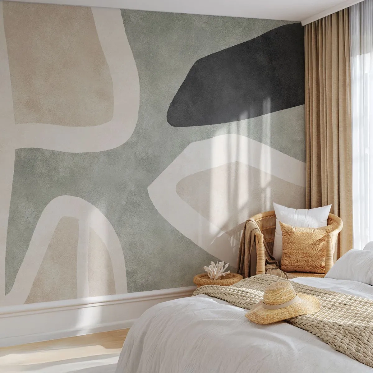 Fototapeta Standard Eco - Abstraktní forma s béžovou, zelenou a černou - 100x70cm - Kompozice s černým motivem - Moderní nástěnná dekorace do obývacího pokoje a ložnice ARTTOR