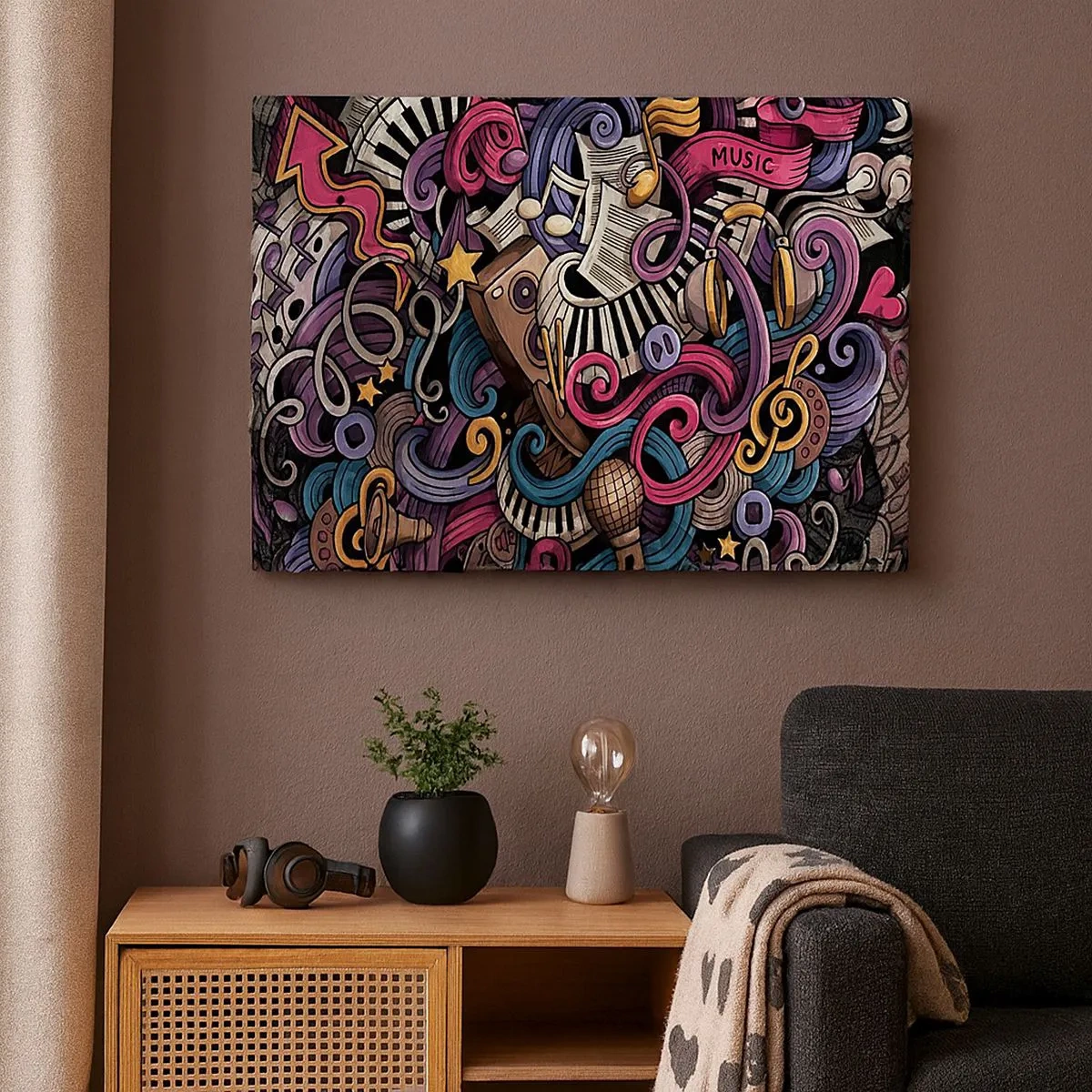 Obraz na plátně - Hudební abstrakce plná barevných nástrojů a not. - 70x50cm - Komplikovaná melodie - Moderní nástěnná dekorace do obývacího pokoje a ložnice ARTTOR