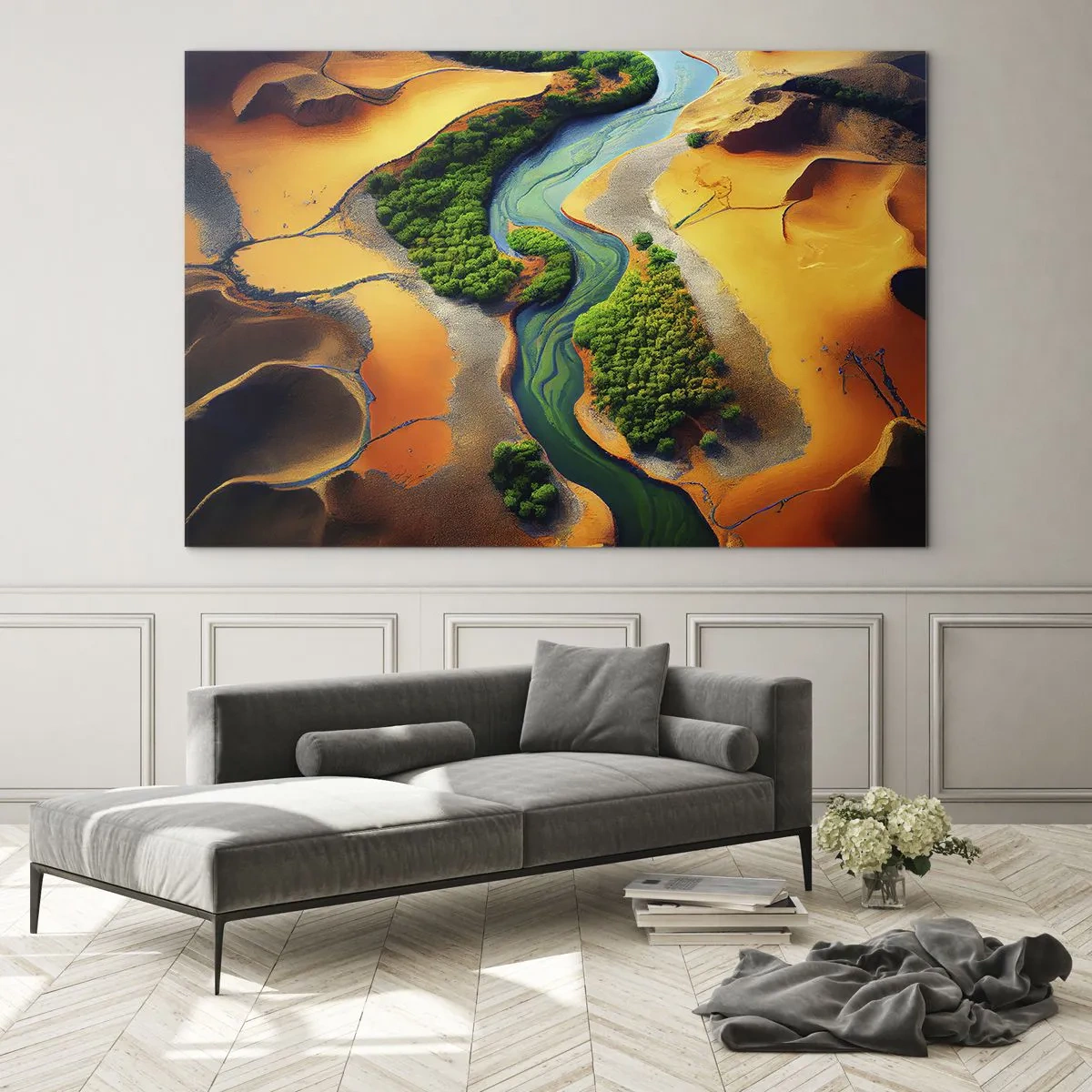 Obraz na skle - Zelené oázy a řeka mezi oranžovými dunami - 70x50cm - Životodárná řeka - Moderní nástěnná dekorace do obývacího pokoje a ložnice ARTTOR