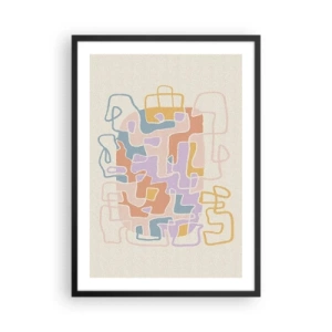 Plakát v černém rámu - Barevná abstrakce s nepravidelnými liniemi na světlém pozadí - 50x70cm - Labyrint – veselé dobrodružství - Moderní nástěnná dekorace do obývacího pokoje a ložnice ARTTOR