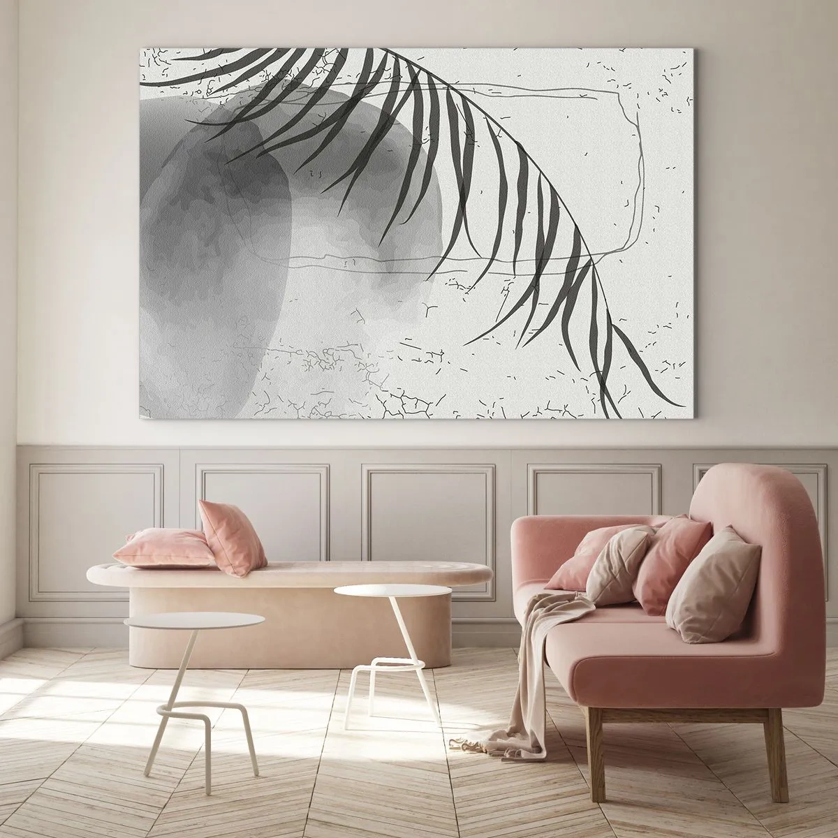 Obraz na skle - Černobílý stín palmového listu - 70x50cm - Subtilní exotika přírody - Moderní nástěnná dekorace do obývacího pokoje a ložnice ARTTOR