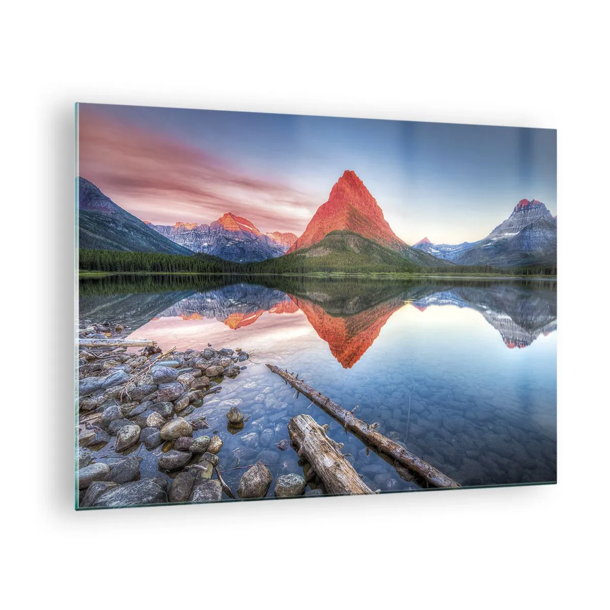 Obraz na skle - Vrchol hory odrážející se v klidném jezeře - 70x50cm - Teplo a chlad - Moderní nástěnná dekorace do obývacího pokoje a ložnice ARTTOR