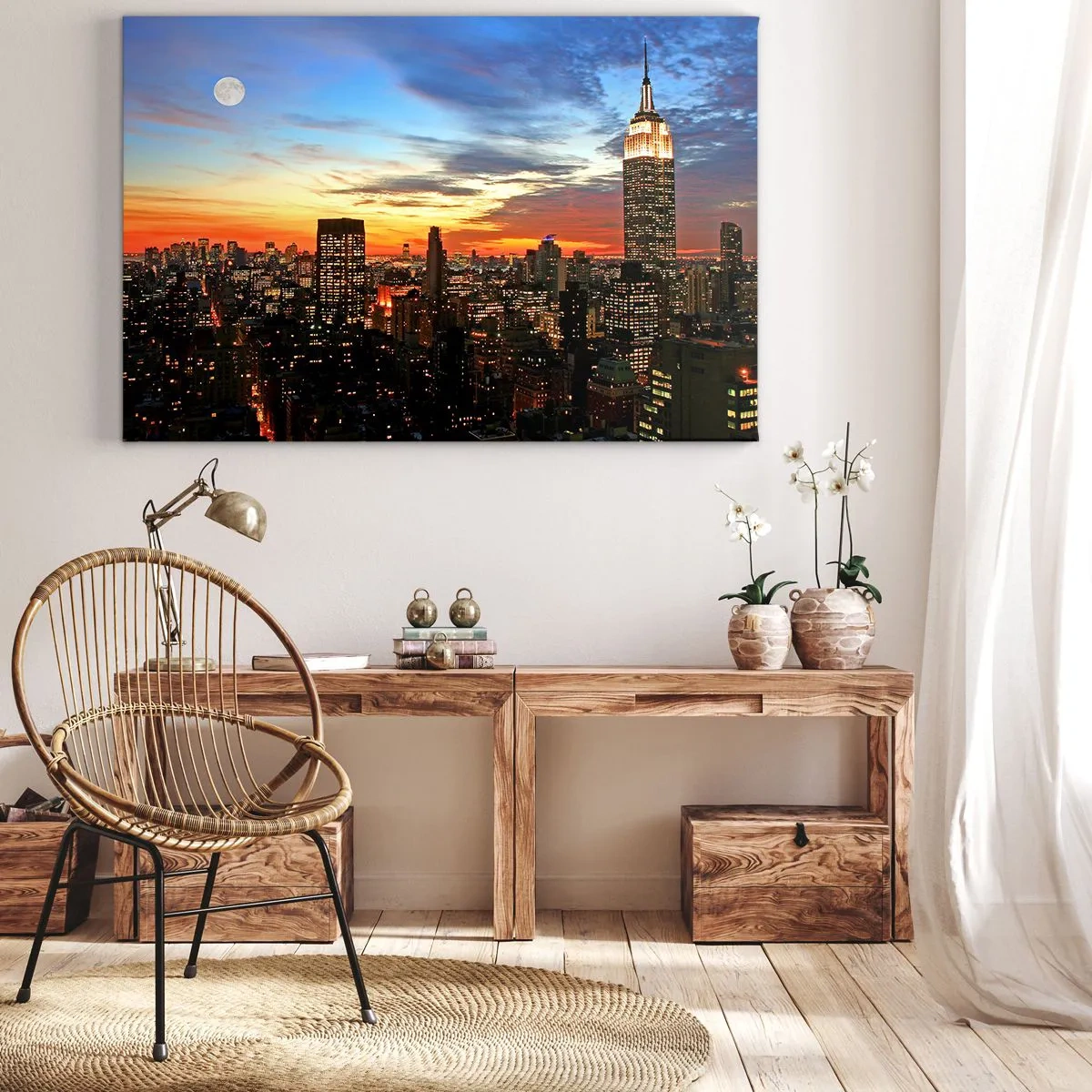 Obraz na plátně - Panorama města s osvětlenými mrakodrapy za soumraku - 70x50cm - Zářivá americká noc - Moderní nástěnná dekorace do obývacího pokoje a ložnice ARTTOR