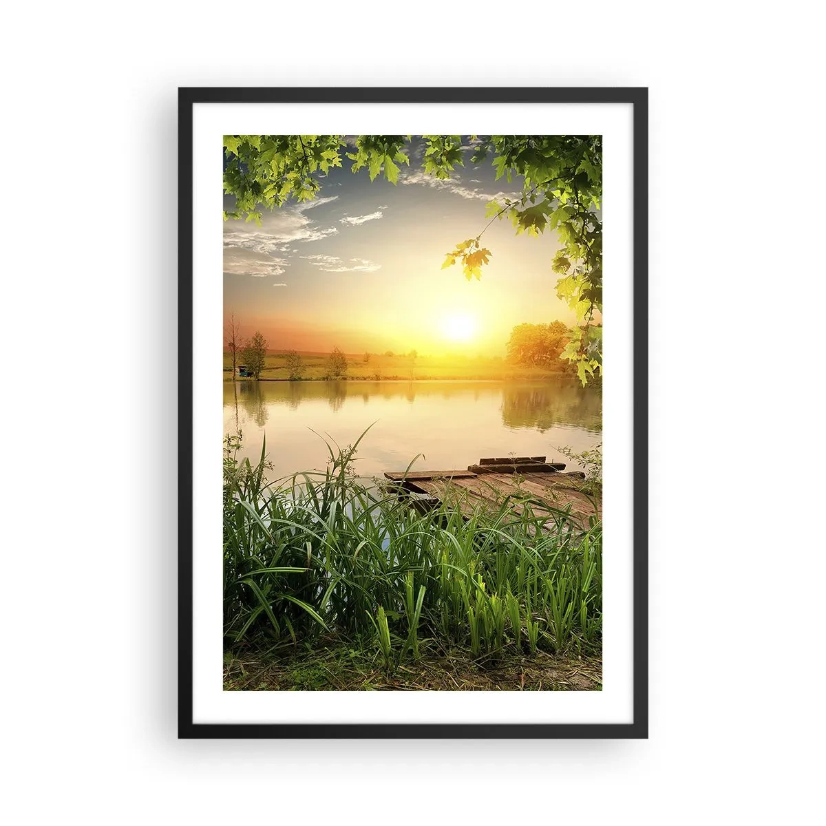 Plakát v černém rámu - Západ slunce nad jezerem s molem - 50x70cm - Krajina v zeleném rámu - Moderní nástěnná dekorace do obývacího pokoje a ložnice ARTTOR