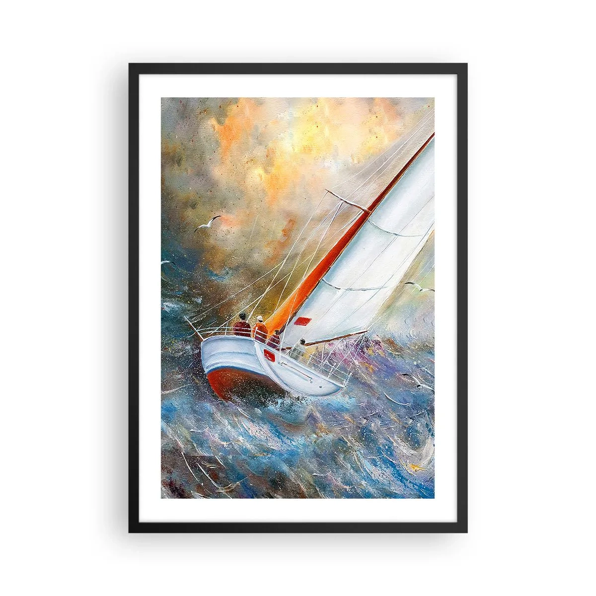 Plakát v černém rámu - Jachta plující po rozbouřeném moři v malebné krajině - 50x70cm - Běžící přes vlny - Moderní nástěnná dekorace do obývacího pokoje a ložnice ARTTOR