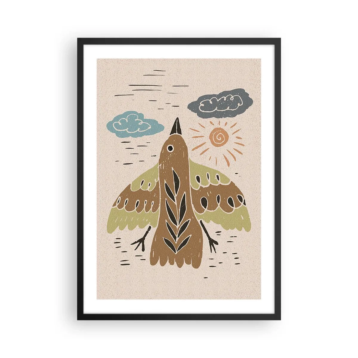 Plakát v černém rámu - Barevná ilustrace ptáka za letu, s mraky a sluncem v pozadí. - 50x70cm - Radostný let - Moderní nástěnná dekorace do obývacího pokoje a ložnice ARTTOR