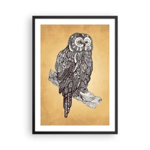 Plakát v černém rámu - Stylizovaná sova v ornamentálním vzoru na béžovém pozadí. - 50x70cm - Mistrovské ornamenty moudrosti - Moderní nástěnná dekorace do obývacího pokoje a ložnice ARTTOR