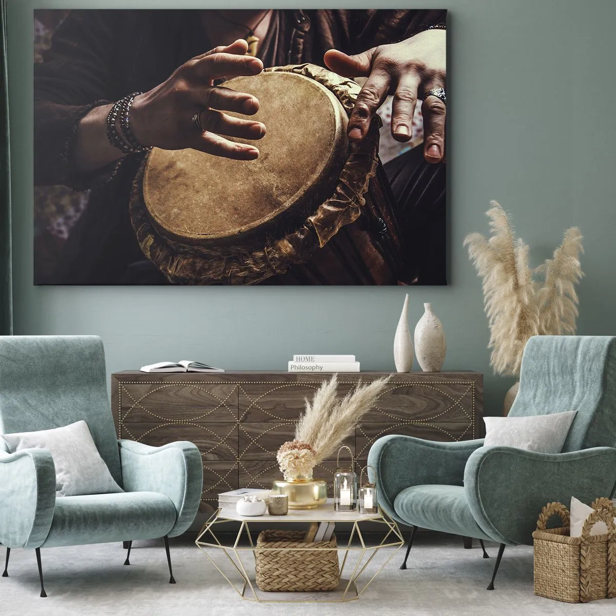 Obraz na plátně - Ruce hrající na tradiční buben djembe - 70x50cm - V rytmu srdce - Moderní nástěnná dekorace do obývacího pokoje a ložnice ARTTOR