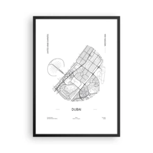 Plakát v černém rámu - Minimalistická černobílá mapa Dubaje - 50x70cm - Anatomie Dubaje - Moderní nástěnná dekorace do obývacího pokoje a ložnice ARTTOR