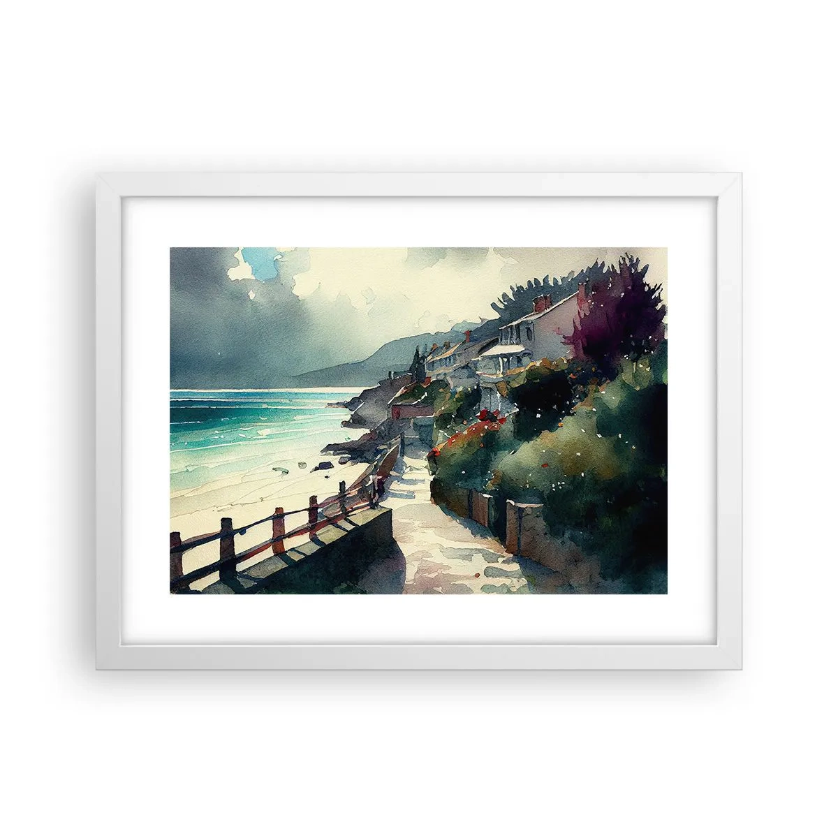 Plakát v bílém rámu - Středomořské městečko - 40x30 cm