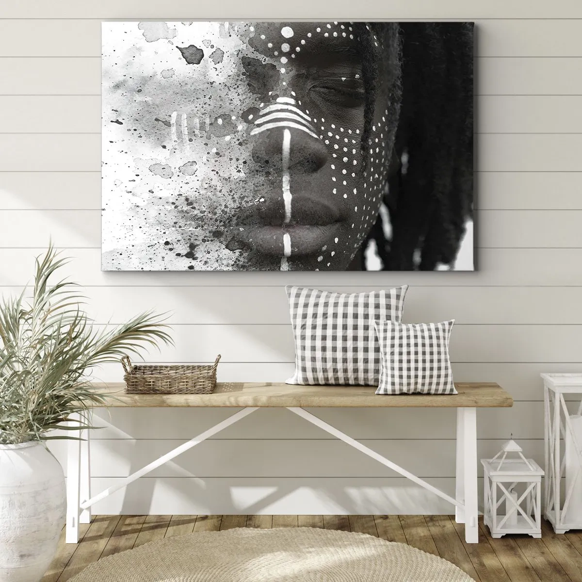Obraz na plátně - Umělecký portrét obličeje s abstraktními bílými vzory - 70x50cm - Objev původního ducha - Moderní nástěnná dekorace do obývacího pokoje a ložnice ARTTOR