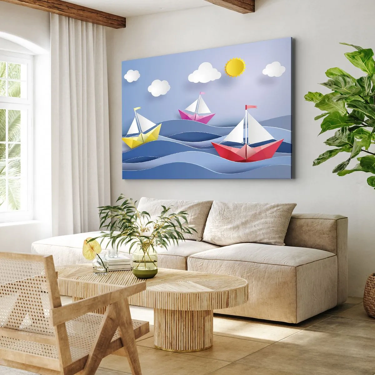 Obraz na plátně - Barevné plachetnice na vlnách za slunečného dne - 70x50cm - Ach, jak je příjemné houpat se na vlnách - Moderní nástěnná dekorace do obývacího pokoje a ložnice ARTTOR