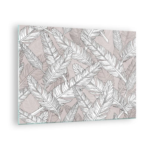 Obraz na skle - Černobílé listy na béžovém pozadí v grafickém stylu - 70x50cm - Víření peří - Moderní nástěnná dekorace do obývacího pokoje a ložnice ARTTOR