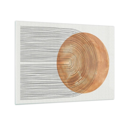 Obraz na skle - Geometrický tvar se soustřednými čarami a zlatým kruhem - 70x50cm - Slunečná kompozice - Moderní nástěnná dekorace do obývacího pokoje a ložnice ARTTOR
