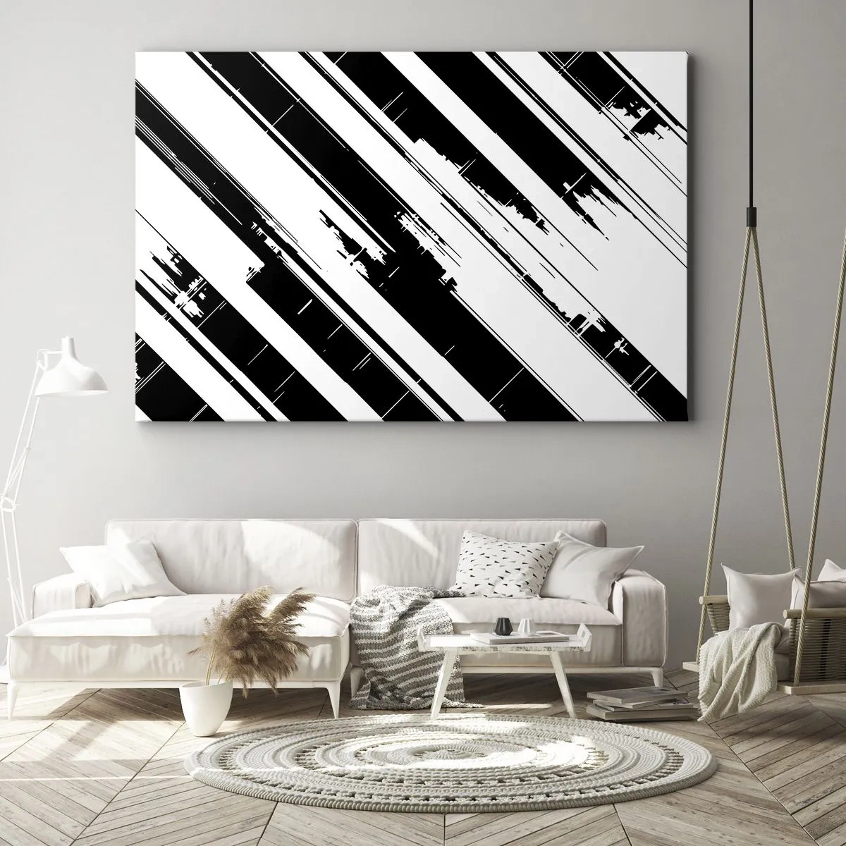 Obraz na plátně - Černobílé čáry a geometrické vzory v moderním stylu - 70x50cm - Intenzivní a dynamická kompozice - Moderní nástěnná dekorace do obývacího pokoje a ložnice ARTTOR