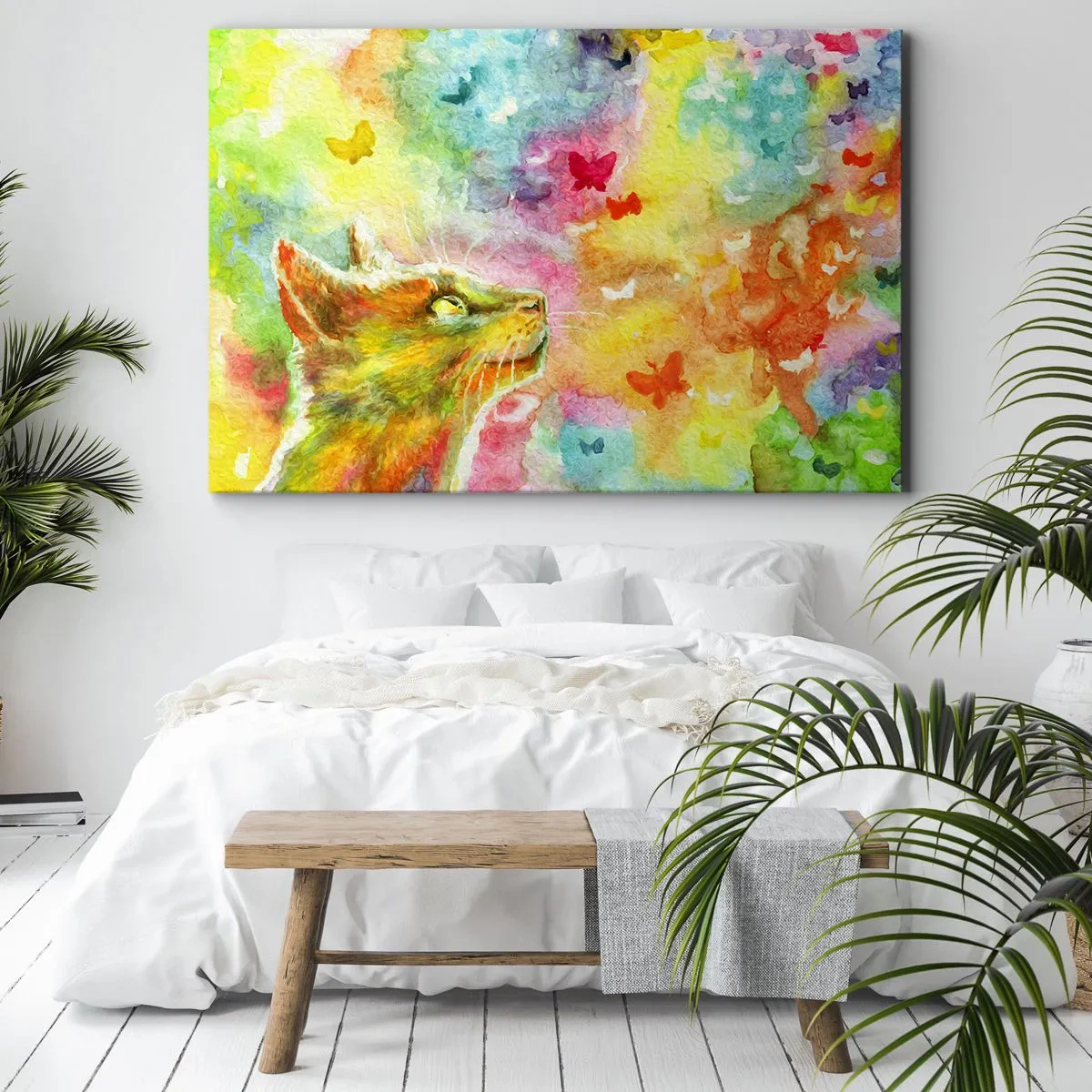 Obraz na plátně - Kočka obklopená barevnými motýly - 70x50cm - Vymýšlí nesmysly v kočičím ráji - Moderní nástěnná dekorace do obývacího pokoje a ložnice ARTTOR
