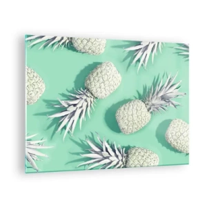 Obraz na skle - Bílé ananasy na mátovém pozadí v umělecké kompozici - 70x50cm - skvěle ladí s mátou - Moderní nástěnná dekorace do obývacího pokoje a ložnice ARTTOR