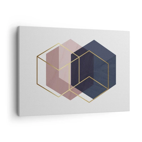 Obraz na plátně - Geometrické tvary ve zlatých liniích na pastelovém pozadí - 70x50cm - Síla jednoduchosti - Moderní nástěnná dekorace do obývacího pokoje a ložnice ARTTOR