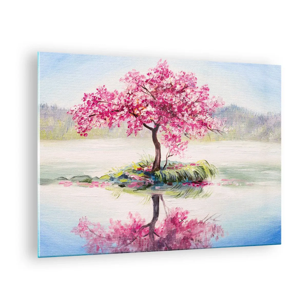 Obraz na skle - Růžový strom na ostrově odrážející se v klidné vodě - 70x50cm - Svátek jara - Moderní nástěnná dekorace do obývacího pokoje a ložnice ARTTOR