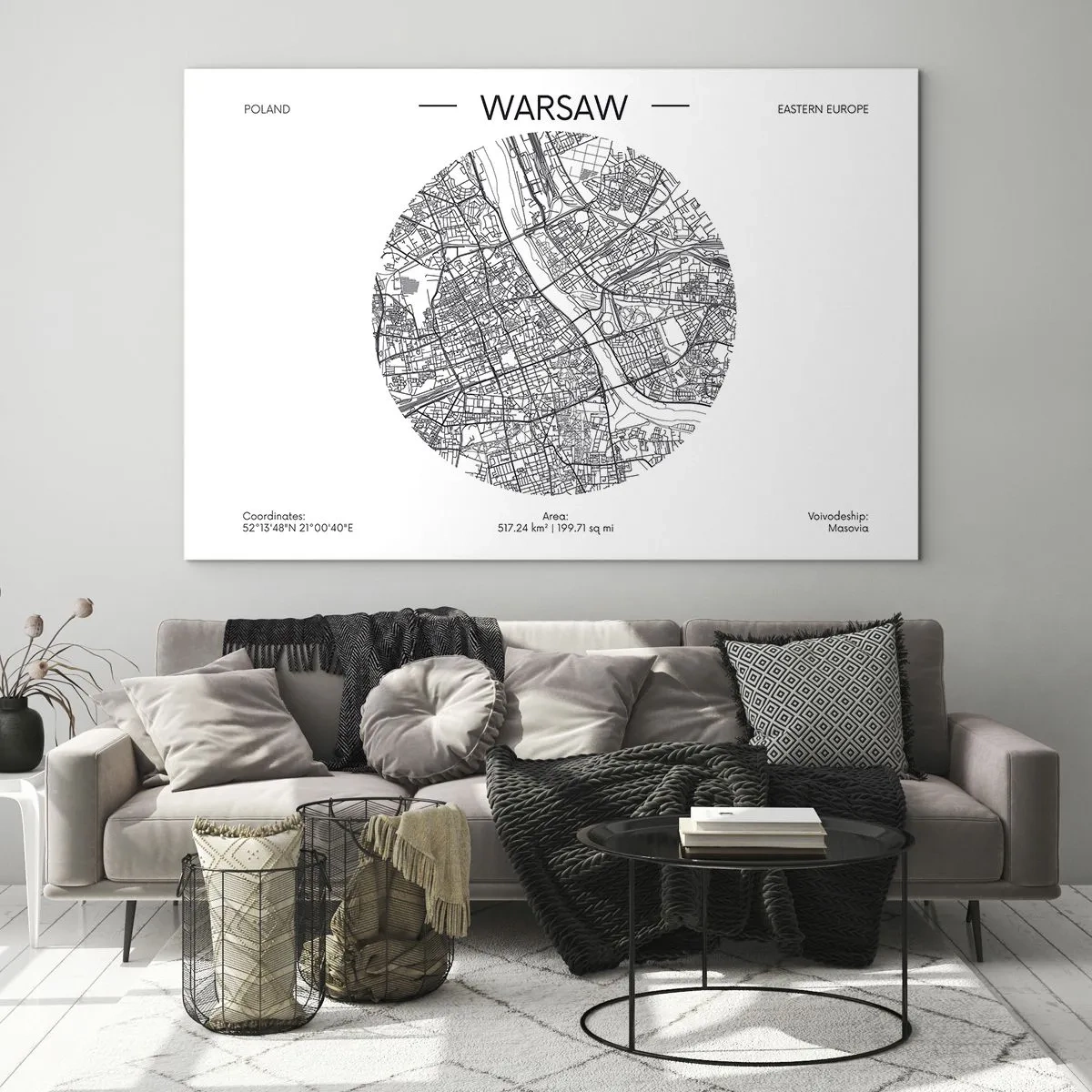 Obraz na skle - Mapa Varšavy v podobě grafického znázornění - 70x50cm - Anatomie Varšavy - Moderní nástěnná dekorace do obývacího pokoje a ložnice ARTTOR