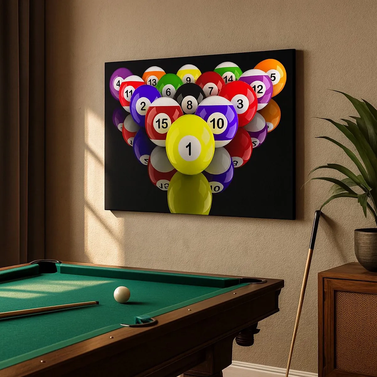 Obraz na plátně - Barevné kulečníkové koule uspořádané v trojúhelníku na černém pozadí - 70x50cm - Různé barvy hry - Moderní nástěnná dekorace do obývacího pokoje a ložnice ARTTOR