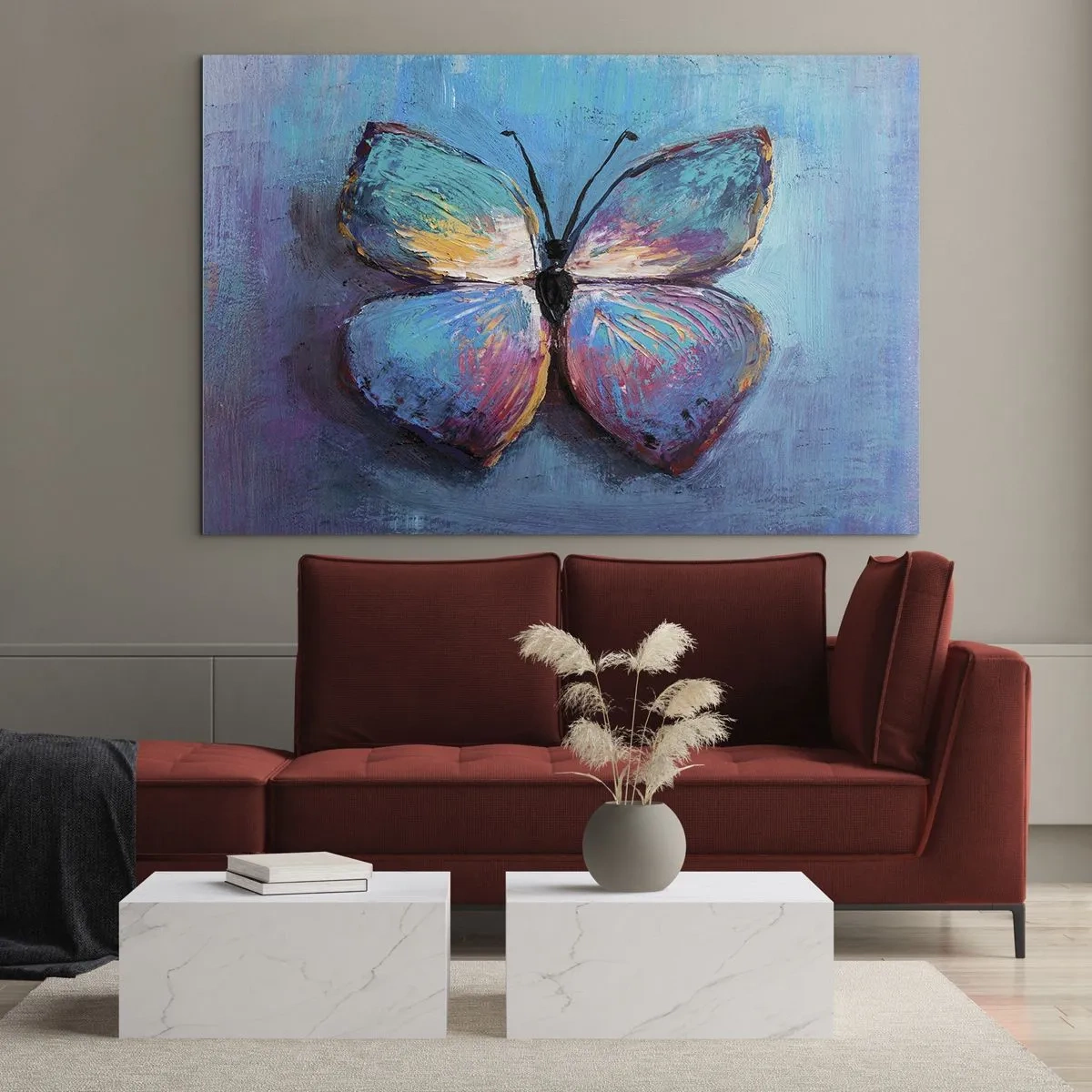 Obraz na skle - Barevný motýl na pozadí abstraktních barev v odstínech modré a fialové. - 70x50cm - V celé své kráse - Moderní nástěnná dekorace do obývacího pokoje a ložnice ARTTOR