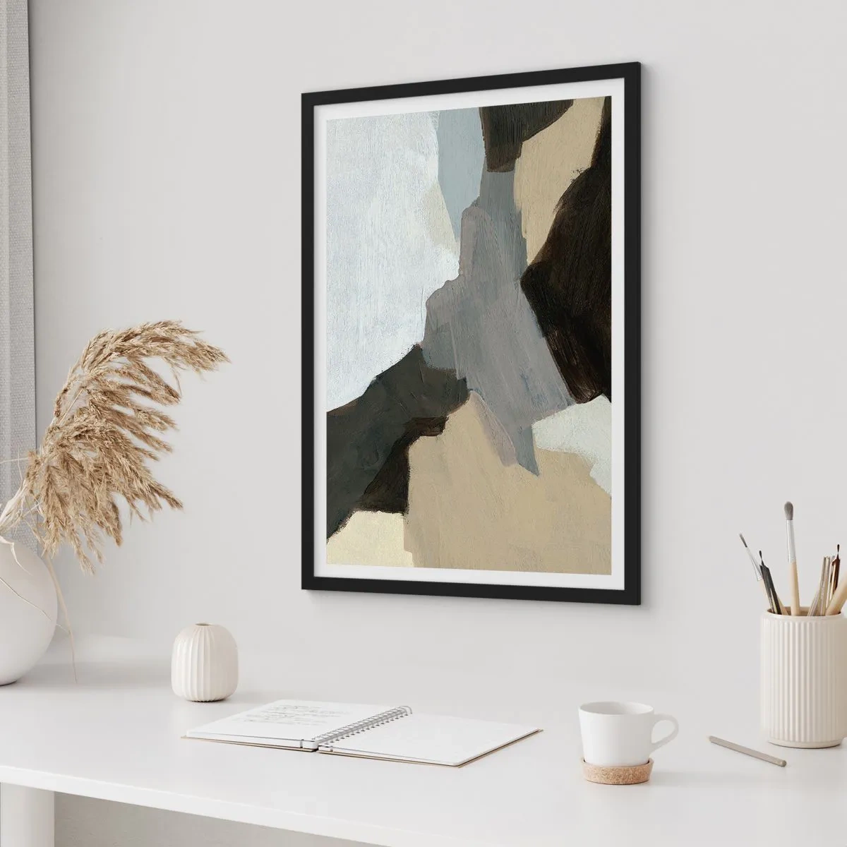 Plakát v černém rámu - Abstraktní kompozice v tlumených barvách - 50x70cm - Abstrakce: křižovatka šedi - Moderní nástěnná dekorace do obývacího pokoje a ložnice ARTTOR