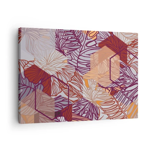 Obraz na plátně - Dekorativní tropický listový vzor v odstínech fialové, oranžové a béžové. - 70x50cm - Nemožný vztah mezi geometrií a přírodou - Moderní nástěnná dekorace do obývacího pokoje a ložnice ARTTOR