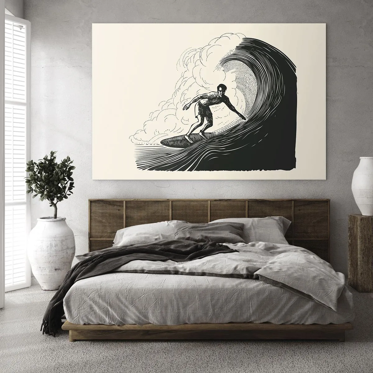 Obraz na skle - Surfař na vysoké vlně v retro stylu kreslení - 70x50cm - Král vln - Moderní nástěnná dekorace do obývacího pokoje a ložnice ARTTOR