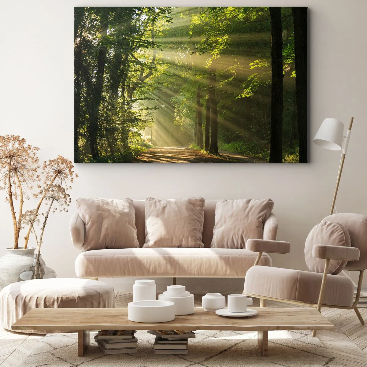 Obraz na plátně - Lesní cesta se slunečními paprsky prosvítajícími skrz stromy - 70x50cm - Lesní okamžik - Moderní nástěnná dekorace do obývacího pokoje a ložnice ARTTOR
