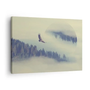 Obraz na plátně - Orel za letu na pozadí mlhavých hor s uměleckým kruhovým motivem - 70x50cm - Viděla jsem stín orla - Moderní nástěnná dekorace do obývacího pokoje a ložnice ARTTOR