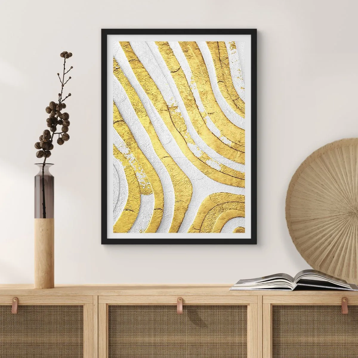 Plakát v černém rámu - Kompozice v bílé a zlaté - 40x50 cm