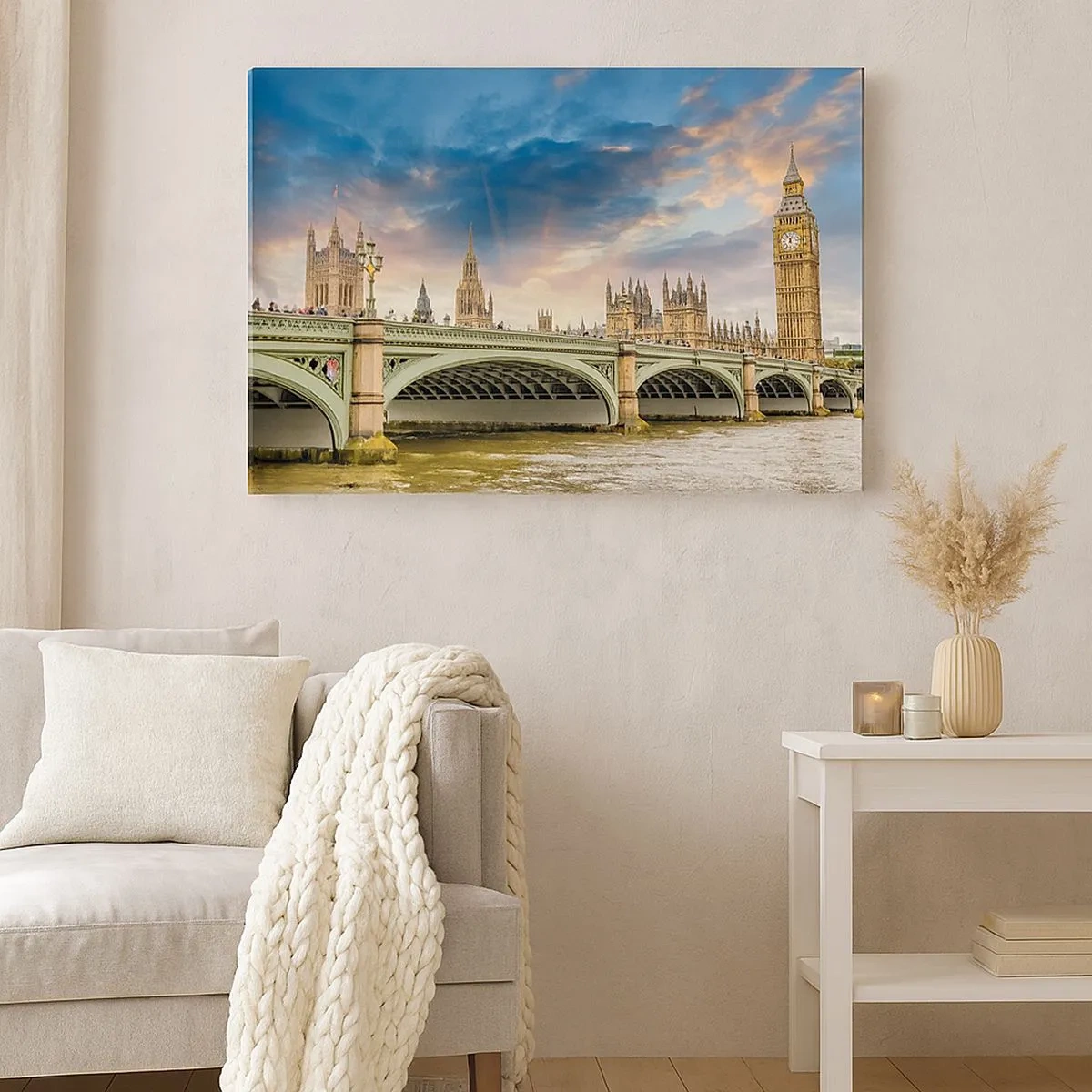 Obraz na plátně - Big Ben a Westminsterský most proti obloze za soumraku - 70x50cm - Čas se zastavil v Impériu - Moderní nástěnná dekorace do obývacího pokoje a ložnice ARTTOR