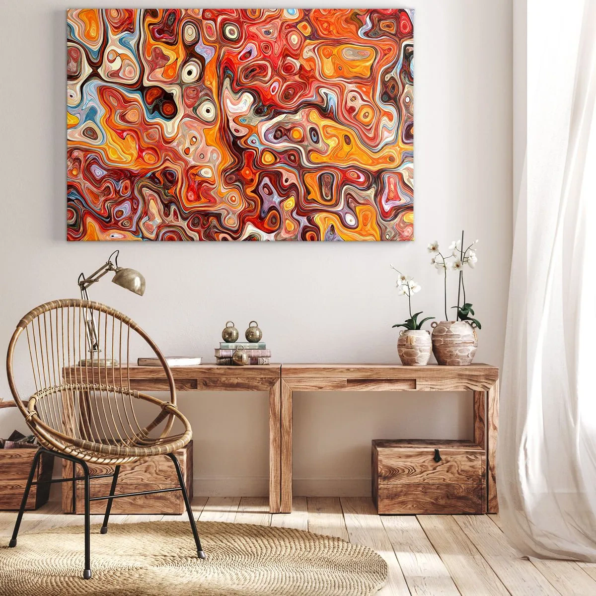 Obraz na plátně - Abstraktní kompozice v teplých odstínech červené, oranžové a žluté. - 70x50cm - Kdyby se ořechy rozpouštěly v medu - Moderní nástěnná dekorace do obývacího pokoje a ložnice ARTTOR
