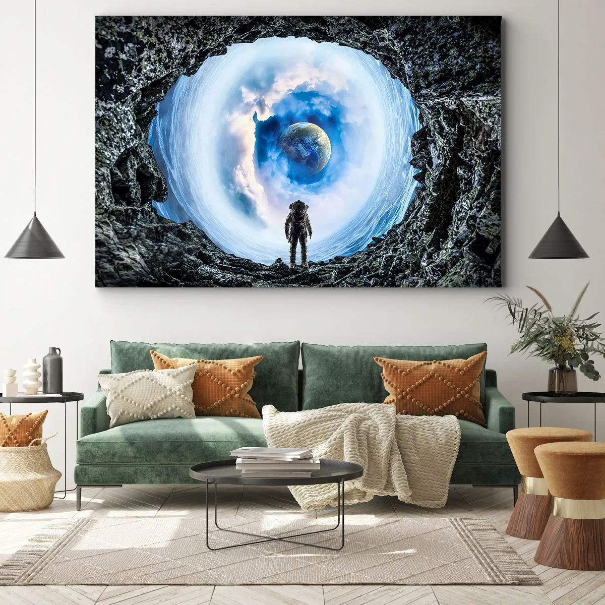 Obraz na plátně - Astronaut na pozadí vesmírné krajiny se Zemí v pozadí - 70x50cm - Už blízko domova - Moderní nástěnná dekorace do obývacího pokoje a ložnice ARTTOR