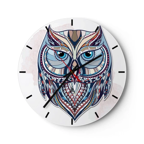 Nástěnné hodiny - Barevná sova v geometrickém stylu na bílém pozadí - 30x30cm - Umělecká ozdobná sova - Moderní nástěnná dekorace do obývacího pokoje, kuchyně a ložnice ARTTOR